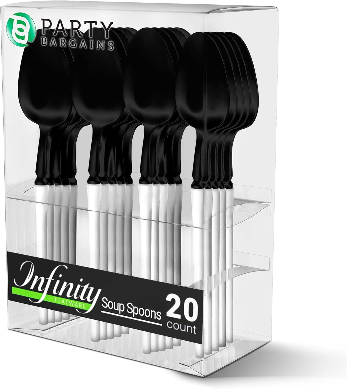 imageParty Bargains Disposable Plastic Silver Cutlery Set Infinity Modern Design Utensils 40 Pack 16 Forks 8 Knives 16 SpoonsBlackWhite