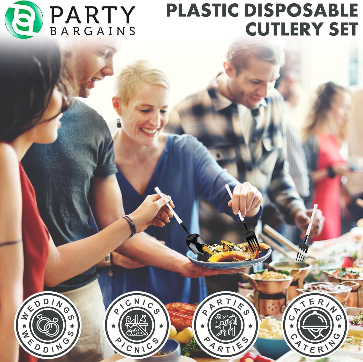 imageParty Bargains Disposable Plastic Silver Cutlery Set Infinity Modern Design Utensils 40 Pack 16 Forks 8 Knives 16 SpoonsBlackWhite