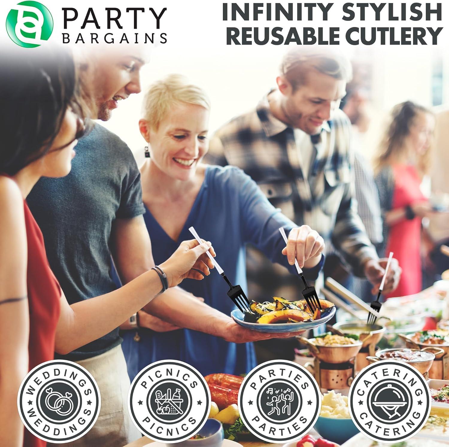 imageParty Bargains Disposable Plastic Silver Cutlery Set Infinity Modern Design Utensils 40 Pack 16 Forks 8 Knives 16 SpoonsBlackWhite