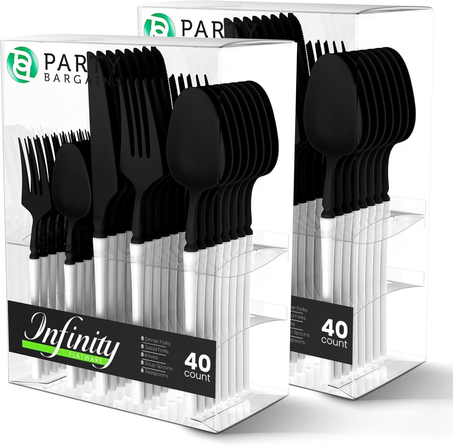 imageParty Bargains Disposable Plastic Silver Cutlery Set Infinity Modern Design Utensils 40 Pack 16 Forks 8 Knives 16 SpoonsBlackWhite