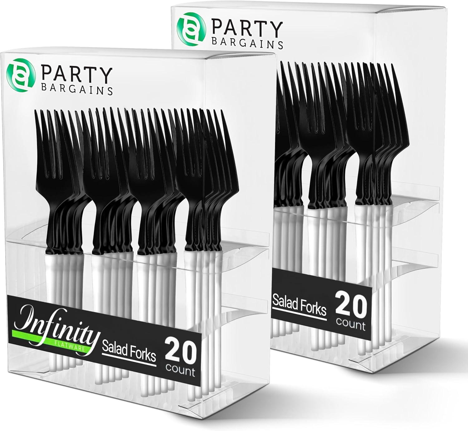 imageParty Bargains Disposable Plastic Silver Cutlery Set Infinity Modern Design Utensils 40 Pack 16 Forks 8 Knives 16 SpoonsBlackWhite