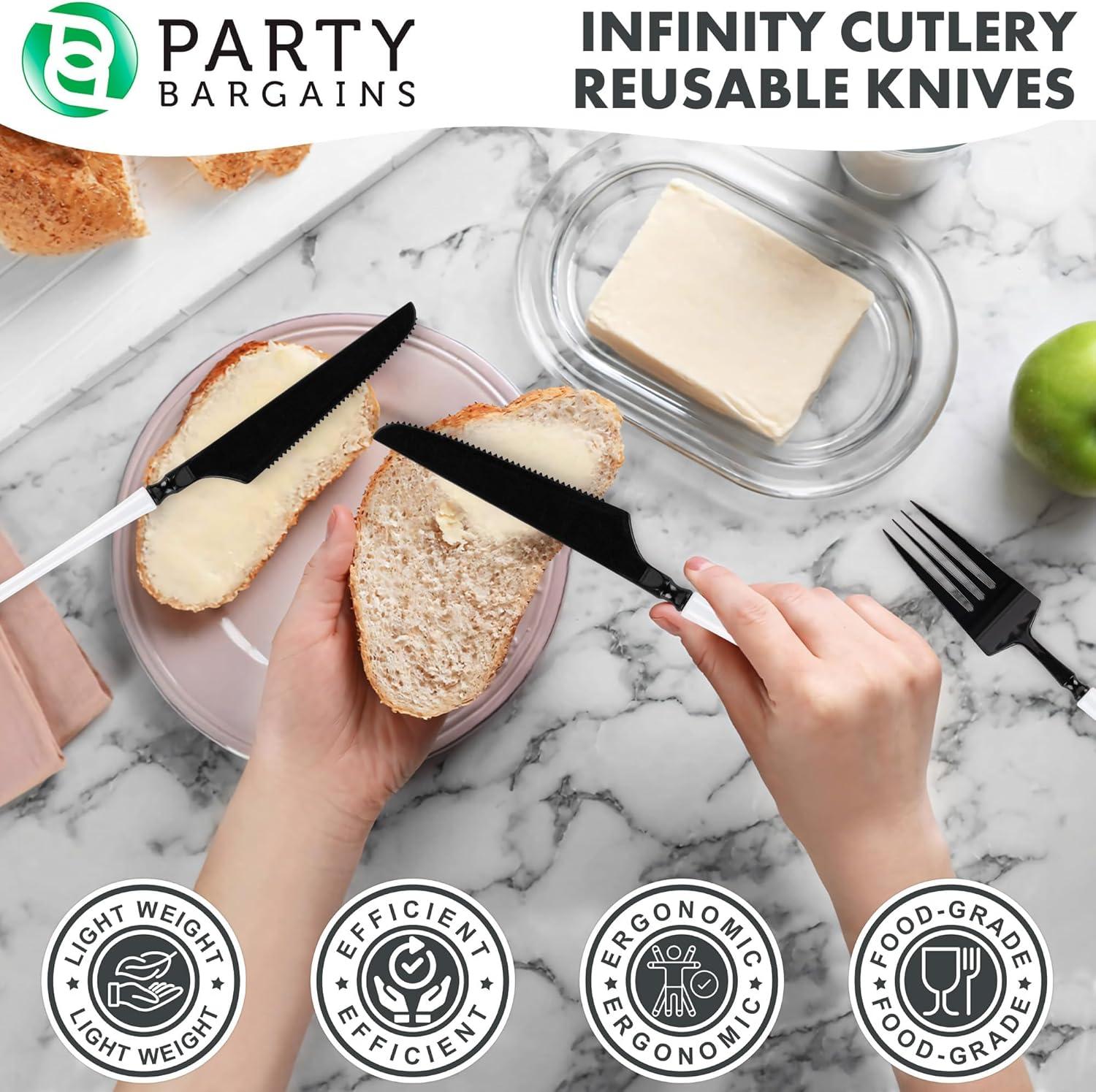 imageParty Bargains Disposable Plastic Silver Cutlery Set Infinity Modern Design Utensils 40 Pack 16 Forks 8 Knives 16 SpoonsBlackWhite