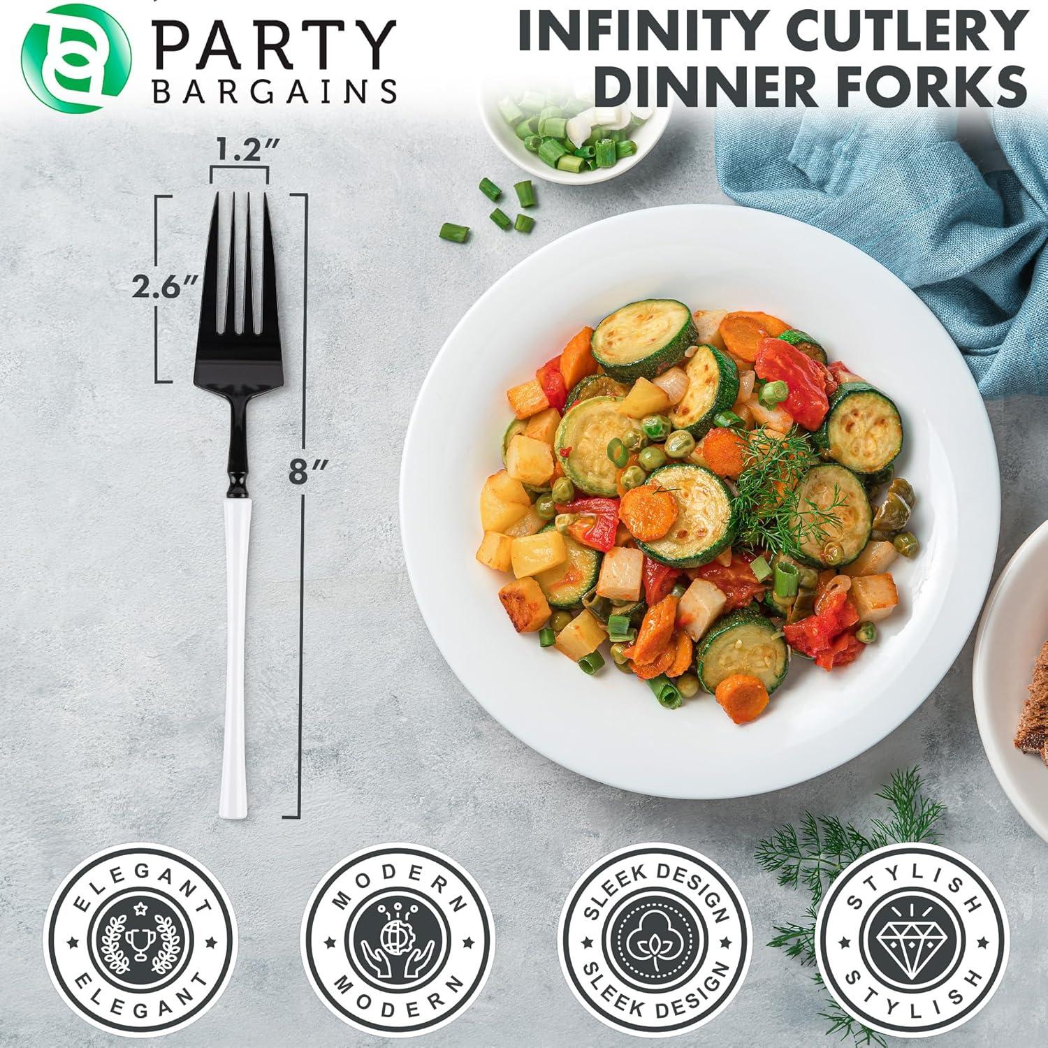 imageParty Bargains Disposable Plastic Silver Cutlery Set Infinity Modern Design Utensils 40 Pack 16 Forks 8 Knives 16 SpoonsBlackWhite