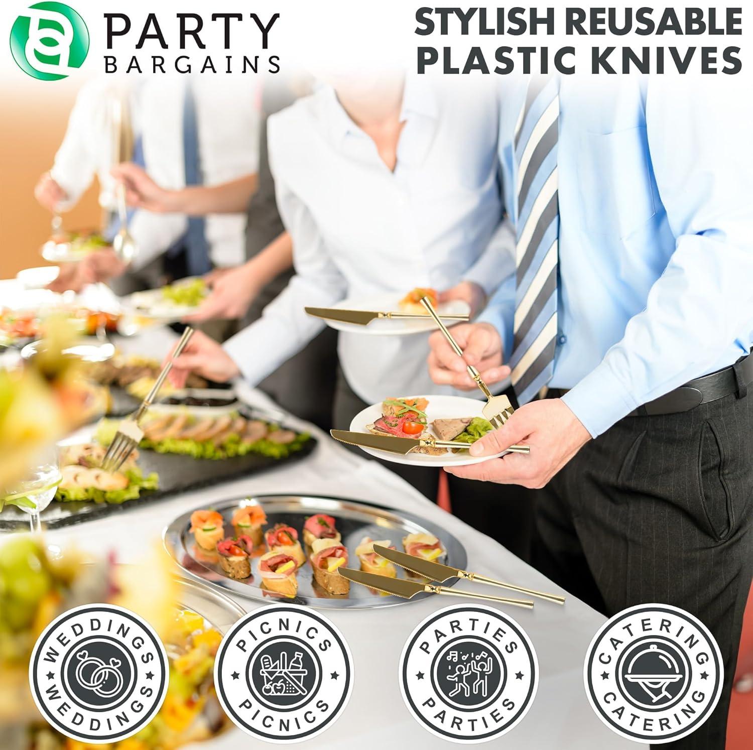 imageParty Bargains Disposable Plastic Silver Cutlery Set Infinity Modern Design Utensils 40 Pack 16 Forks 8 Knives 16 SpoonsGold