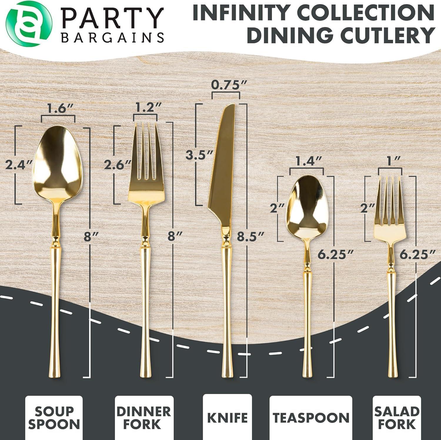 imageParty Bargains Disposable Plastic Silver Cutlery Set Infinity Modern Design Utensils 40 Pack 16 Forks 8 Knives 16 SpoonsGold