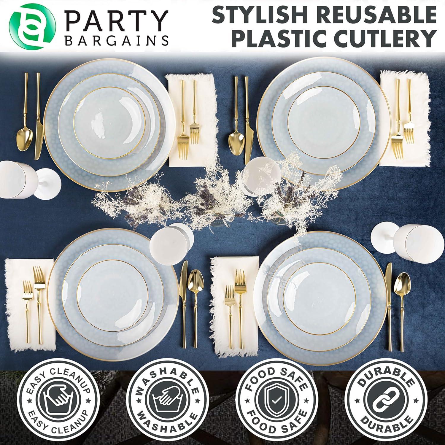 imageParty Bargains Disposable Plastic Silver Cutlery Set Infinity Modern Design Utensils 40 Pack 16 Forks 8 Knives 16 SpoonsGold