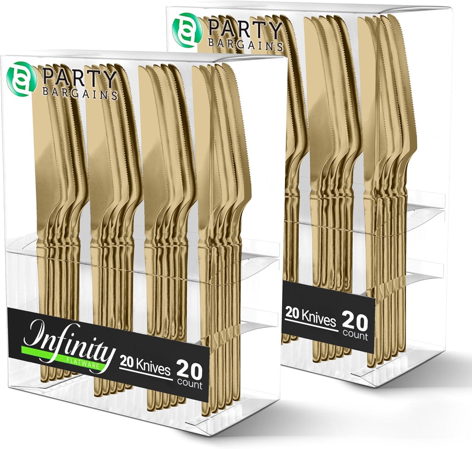 imageParty Bargains Disposable Plastic Silver Cutlery Set Infinity Modern Design Utensils 40 Pack 16 Forks 8 Knives 16 SpoonsGold