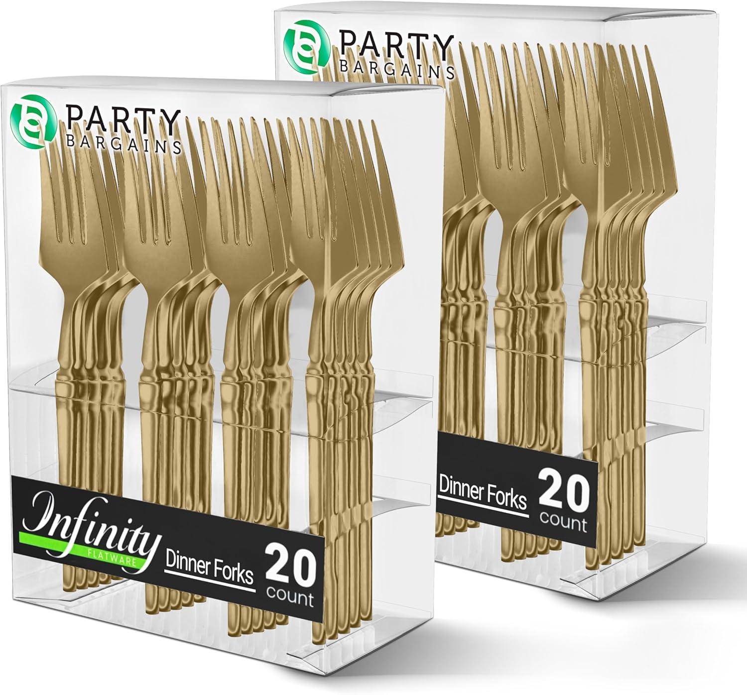 imageParty Bargains Disposable Plastic Silver Cutlery Set Infinity Modern Design Utensils 40 Pack 16 Forks 8 Knives 16 SpoonsGold