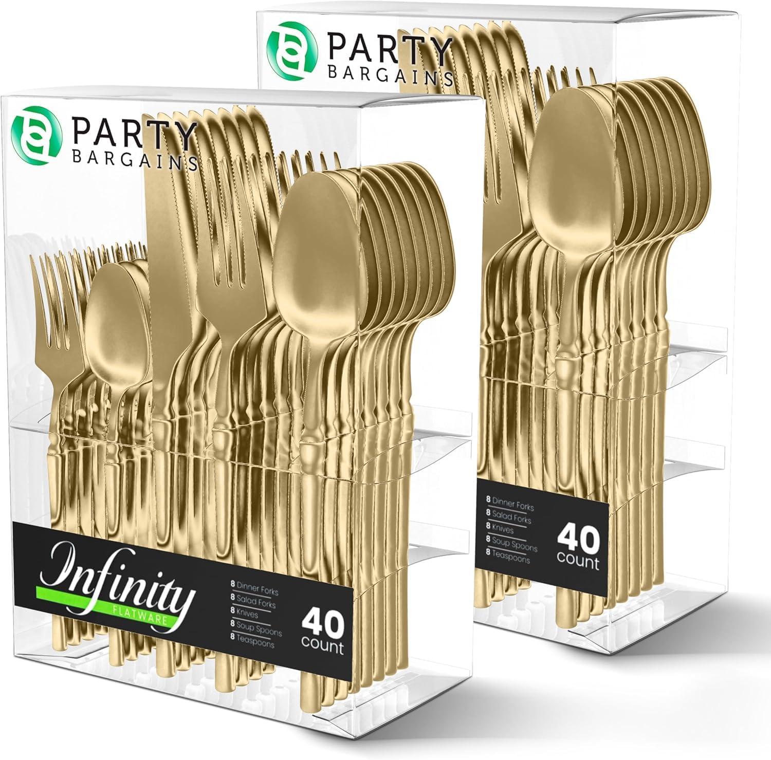 imageParty Bargains Disposable Plastic Silver Cutlery Set Infinity Modern Design Utensils 40 Pack 16 Forks 8 Knives 16 SpoonsGold