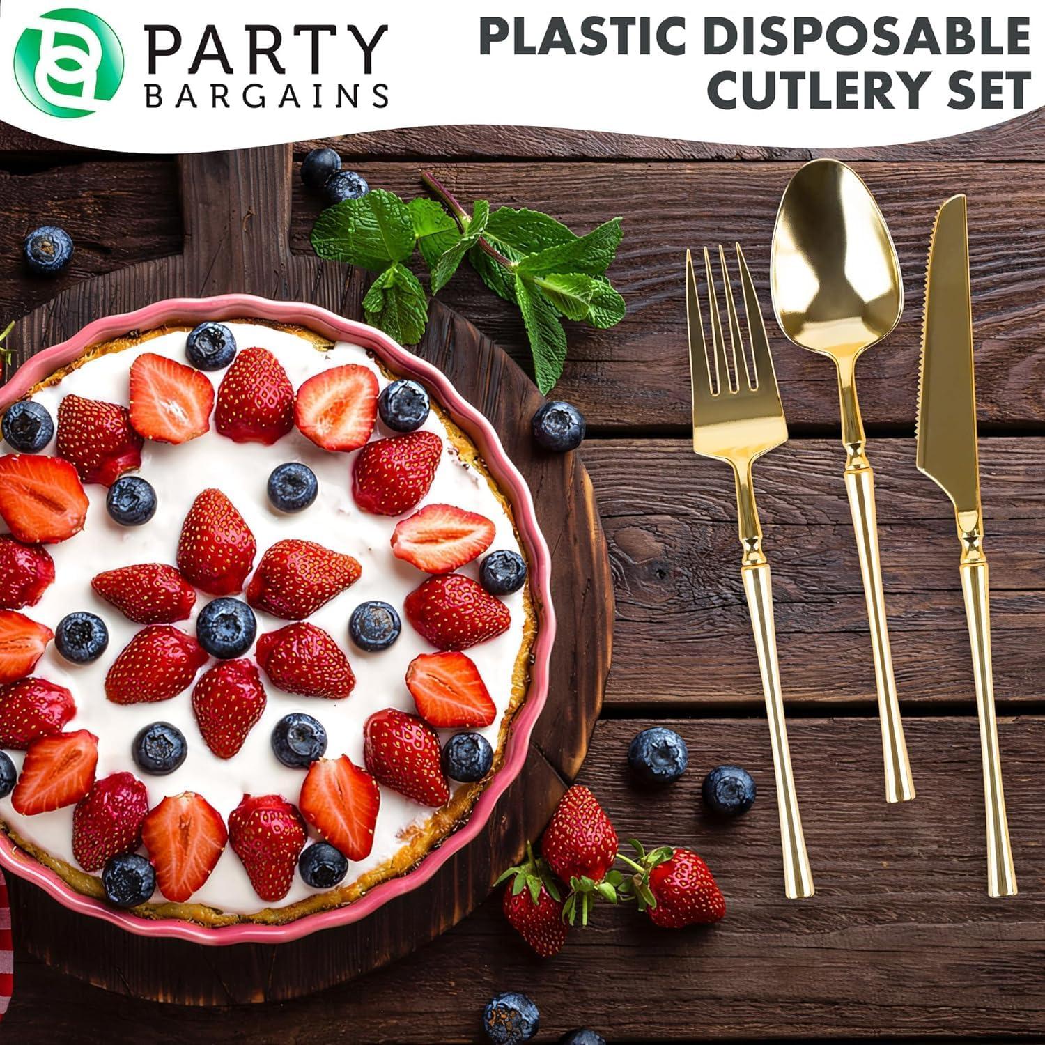 imageParty Bargains Disposable Plastic Silver Cutlery Set Infinity Modern Design Utensils 40 Pack 16 Forks 8 Knives 16 SpoonsGold