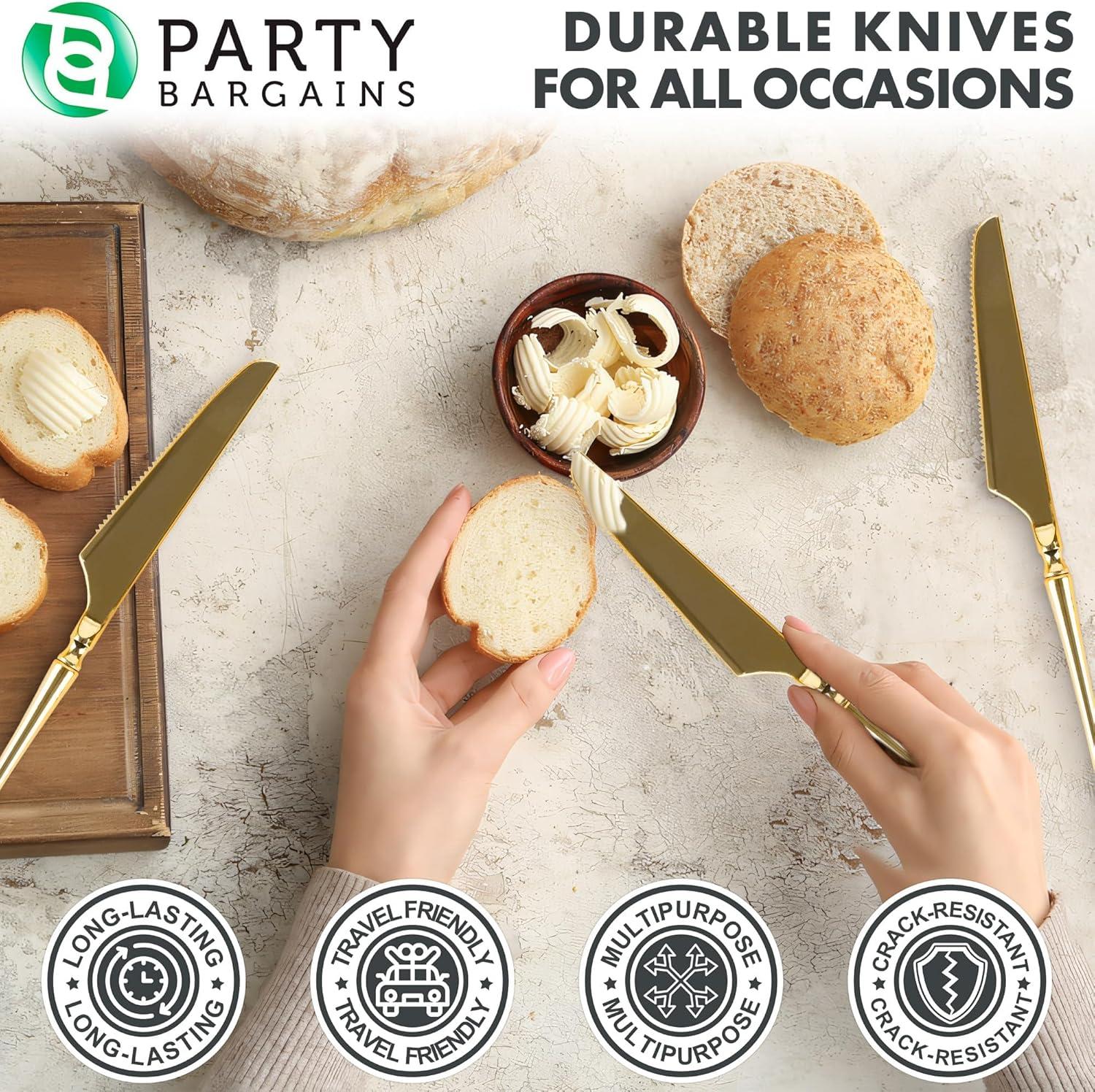 imageParty Bargains Disposable Plastic Silver Cutlery Set Infinity Modern Design Utensils 40 Pack 16 Forks 8 Knives 16 SpoonsGold
