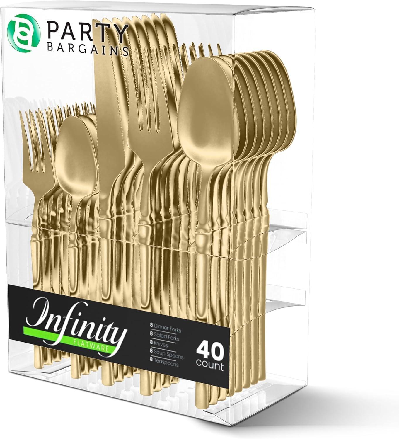 imageParty Bargains Disposable Plastic Silver Cutlery Set Infinity Modern Design Utensils 40 Pack 16 Forks 8 Knives 16 SpoonsGold