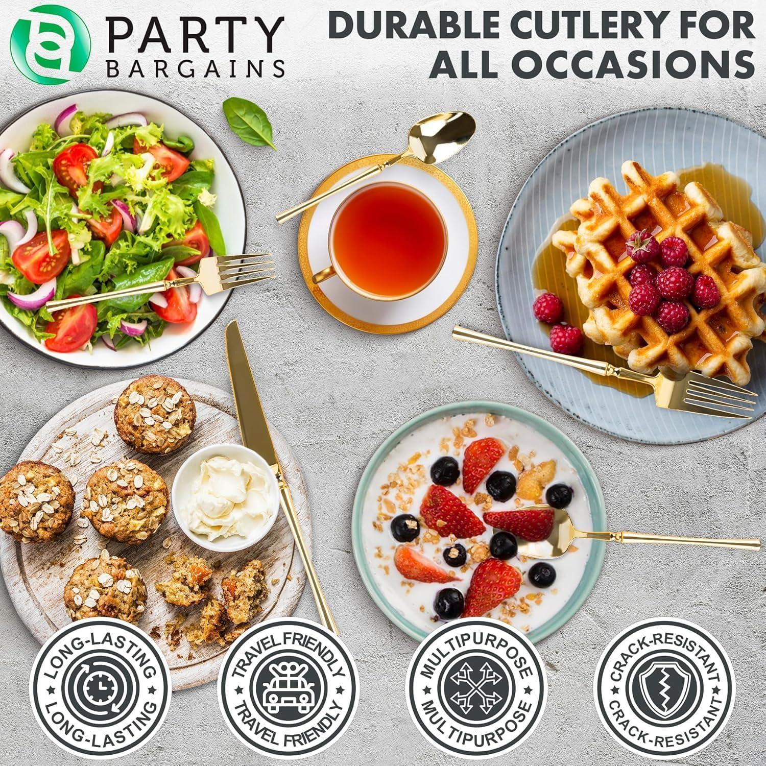 imageParty Bargains Disposable Plastic Silver Cutlery Set Infinity Modern Design Utensils 40 Pack 16 Forks 8 Knives 16 SpoonsGold
