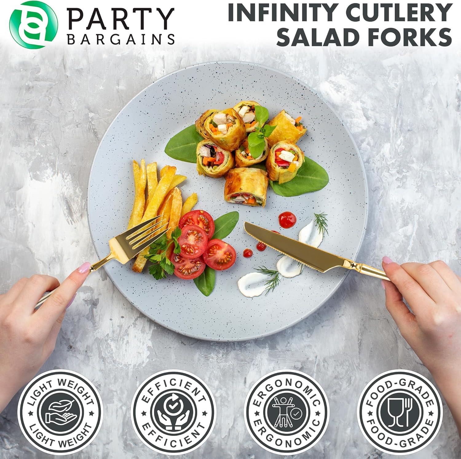 imageParty Bargains Disposable Plastic Silver Cutlery Set Infinity Modern Design Utensils 40 Pack 16 Forks 8 Knives 16 SpoonsGold