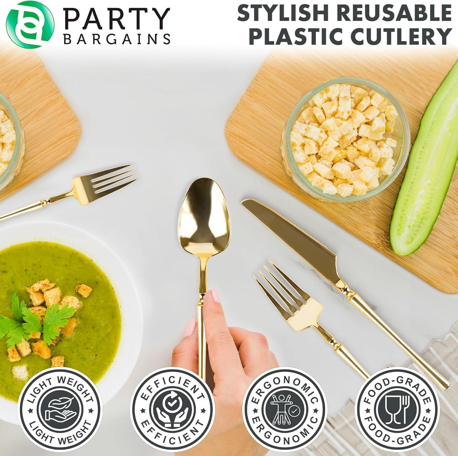 imageParty Bargains Disposable Plastic Silver Cutlery Set Infinity Modern Design Utensils 40 Pack 16 Forks 8 Knives 16 SpoonsGold