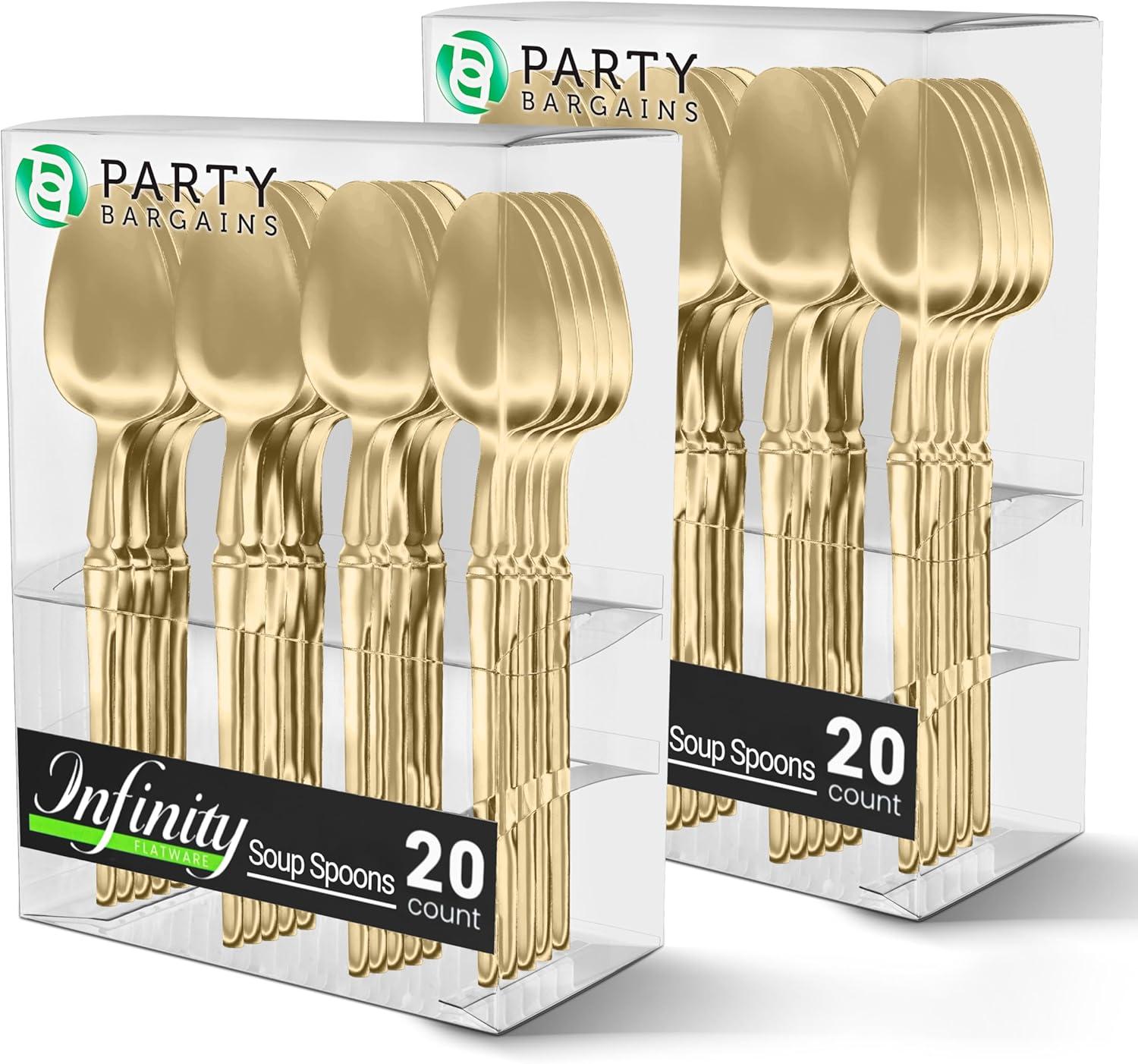 imageParty Bargains Disposable Plastic Silver Cutlery Set Infinity Modern Design Utensils 40 Pack 16 Forks 8 Knives 16 SpoonsGold