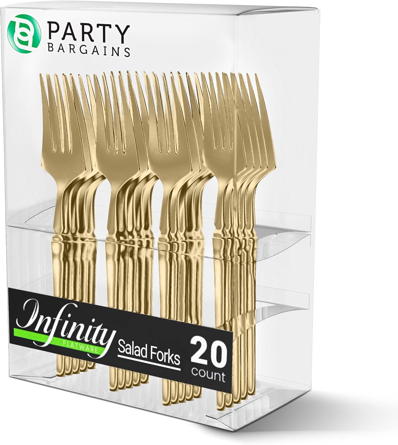 imageParty Bargains Disposable Plastic Silver Cutlery Set Infinity Modern Design Utensils 40 Pack 16 Forks 8 Knives 16 SpoonsGold