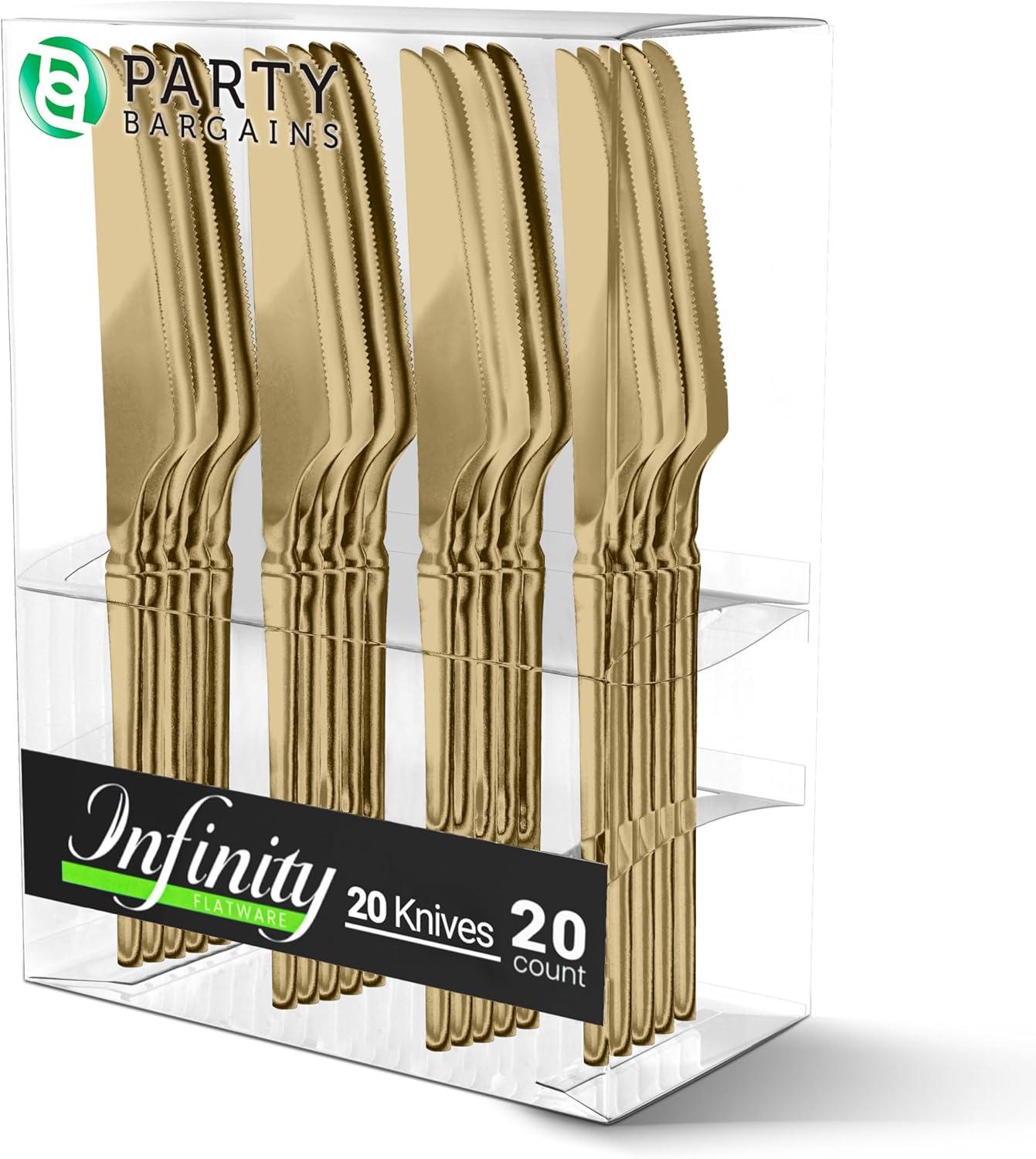 imageParty Bargains Disposable Plastic Silver Cutlery Set Infinity Modern Design Utensils 40 Pack 16 Forks 8 Knives 16 SpoonsGold