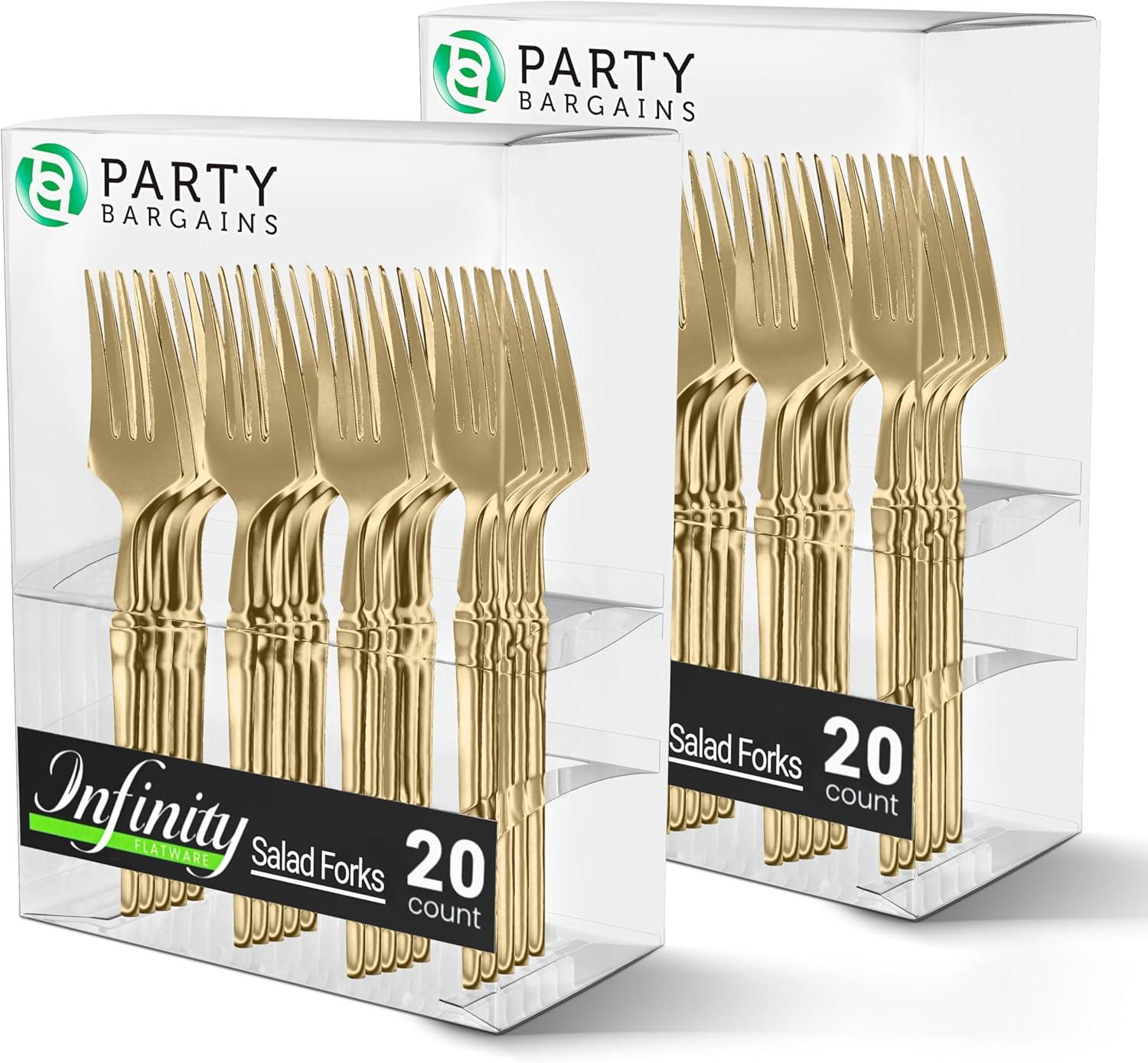 imageParty Bargains Disposable Plastic Silver Cutlery Set Infinity Modern Design Utensils 40 Pack 16 Forks 8 Knives 16 SpoonsGold