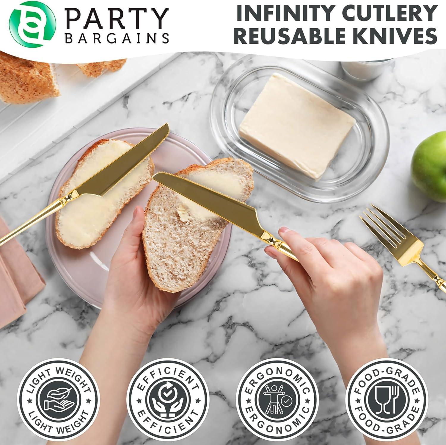 imageParty Bargains Disposable Plastic Silver Cutlery Set Infinity Modern Design Utensils 40 Pack 16 Forks 8 Knives 16 SpoonsGold