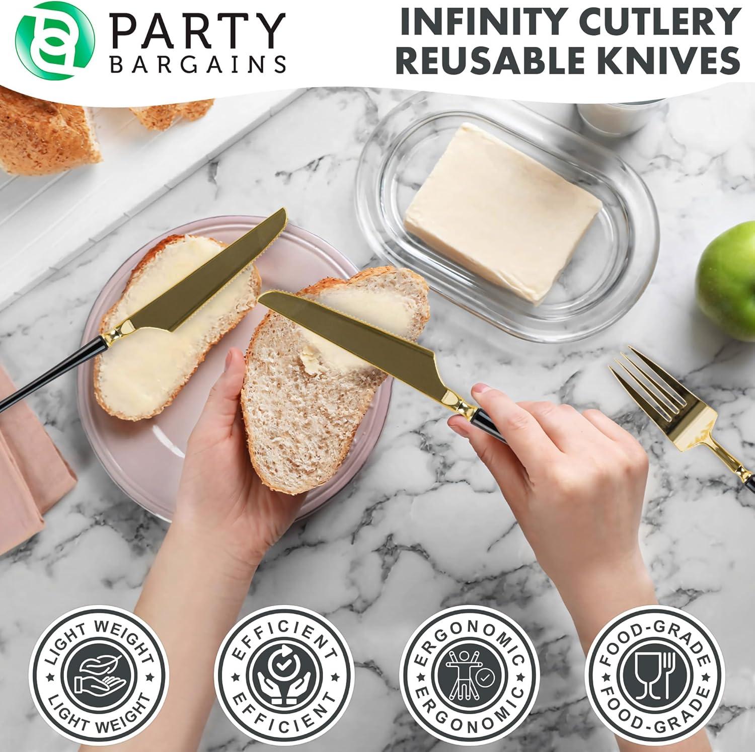 imageParty Bargains Disposable Plastic Silver Cutlery Set Infinity Modern Design Utensils 40 Pack 16 Forks 8 Knives 16 SpoonsGold Black