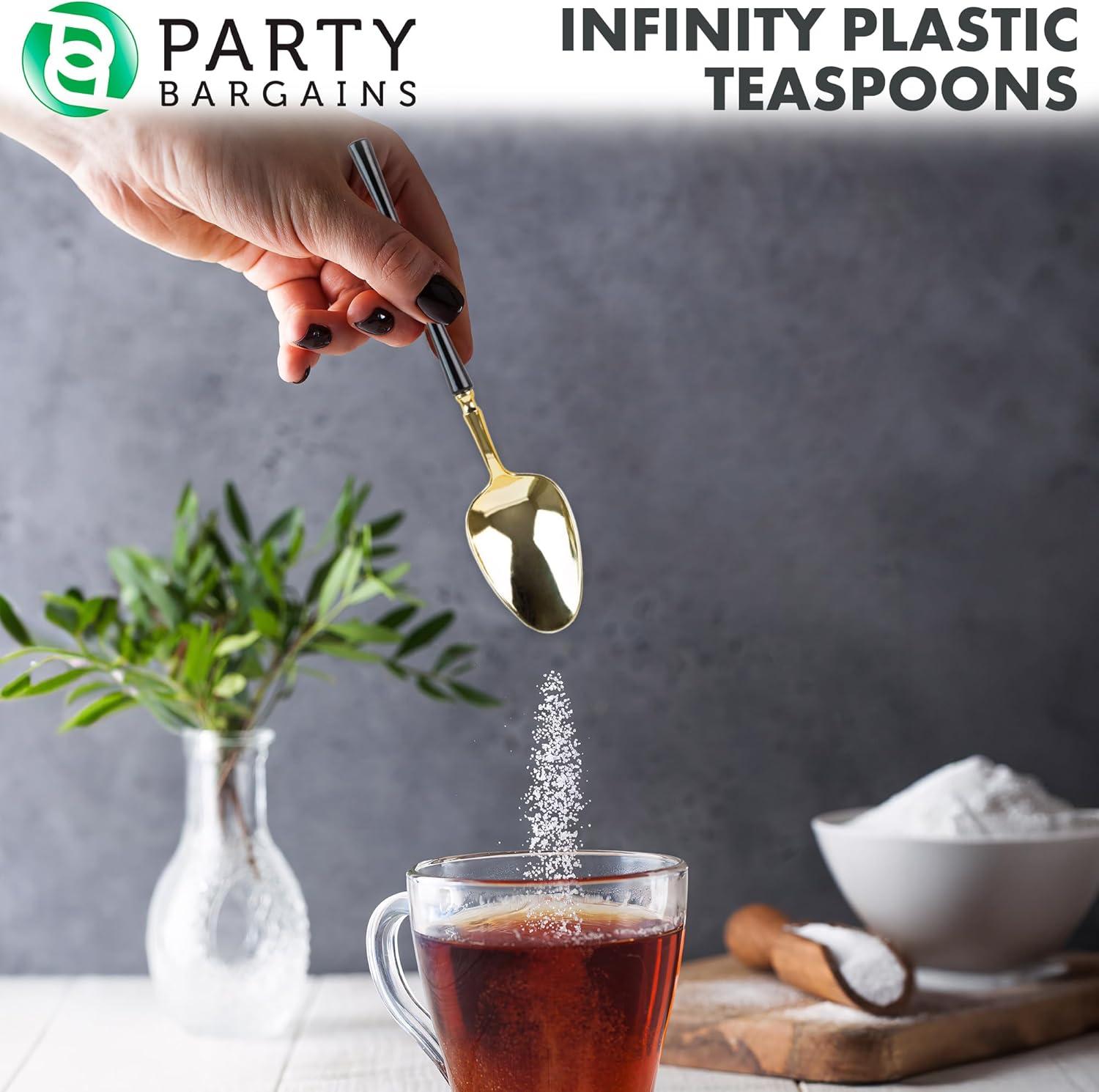 imageParty Bargains Disposable Plastic Silver Cutlery Set Infinity Modern Design Utensils 40 Pack 16 Forks 8 Knives 16 SpoonsGold Black