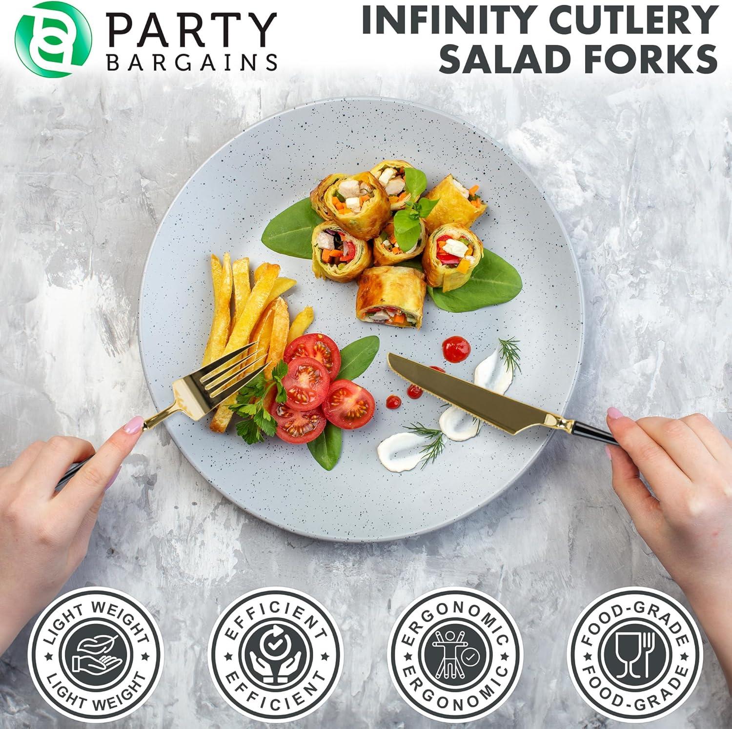imageParty Bargains Disposable Plastic Silver Cutlery Set Infinity Modern Design Utensils 40 Pack 16 Forks 8 Knives 16 SpoonsGold Black