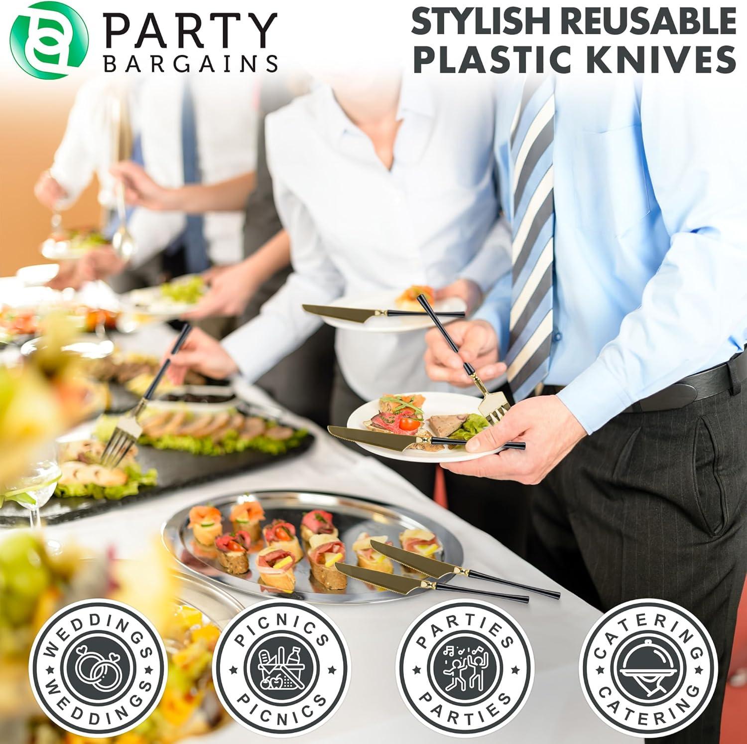 imageParty Bargains Disposable Plastic Silver Cutlery Set Infinity Modern Design Utensils 40 Pack 16 Forks 8 Knives 16 SpoonsGold Black