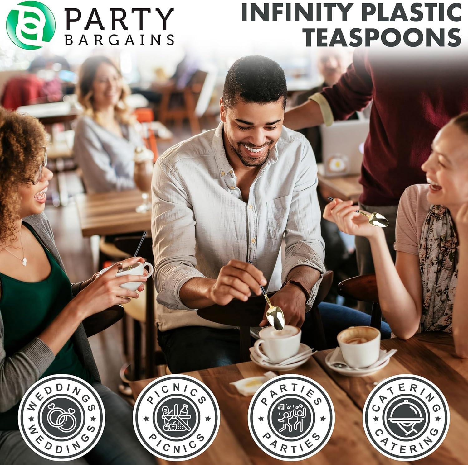 imageParty Bargains Disposable Plastic Silver Cutlery Set Infinity Modern Design Utensils 40 Pack 16 Forks 8 Knives 16 SpoonsGold Black