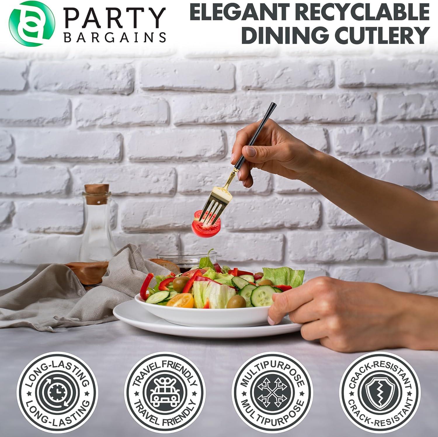 imageParty Bargains Disposable Plastic Silver Cutlery Set Infinity Modern Design Utensils 40 Pack 16 Forks 8 Knives 16 SpoonsGold Black