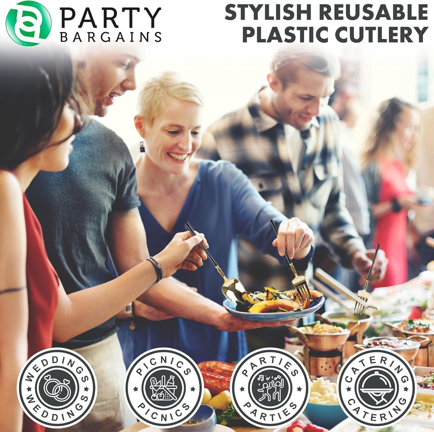 imageParty Bargains Disposable Plastic Silver Cutlery Set Infinity Modern Design Utensils 40 Pack 16 Forks 8 Knives 16 SpoonsGold Black