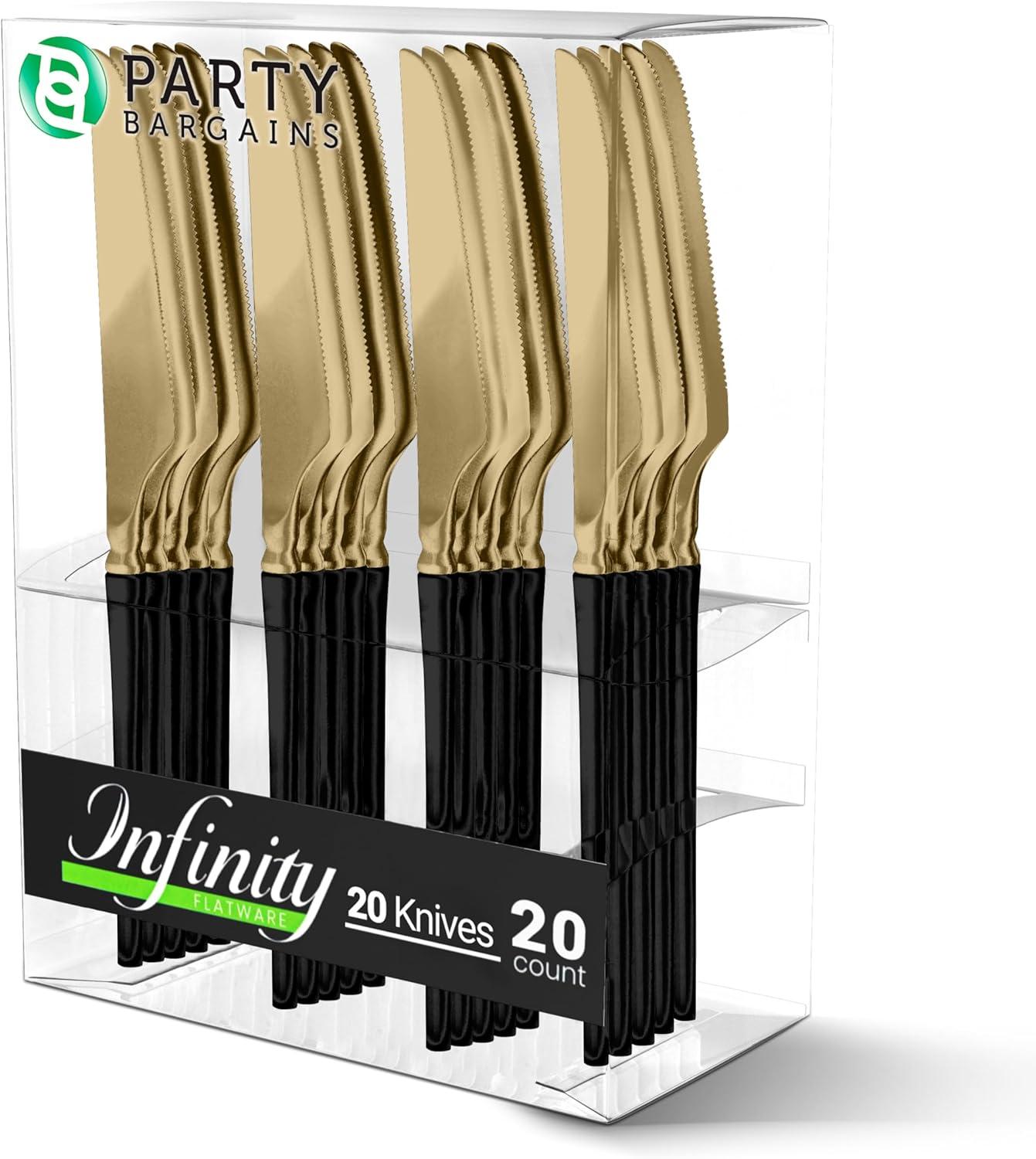 imageParty Bargains Disposable Plastic Silver Cutlery Set Infinity Modern Design Utensils 40 Pack 16 Forks 8 Knives 16 SpoonsGold Black