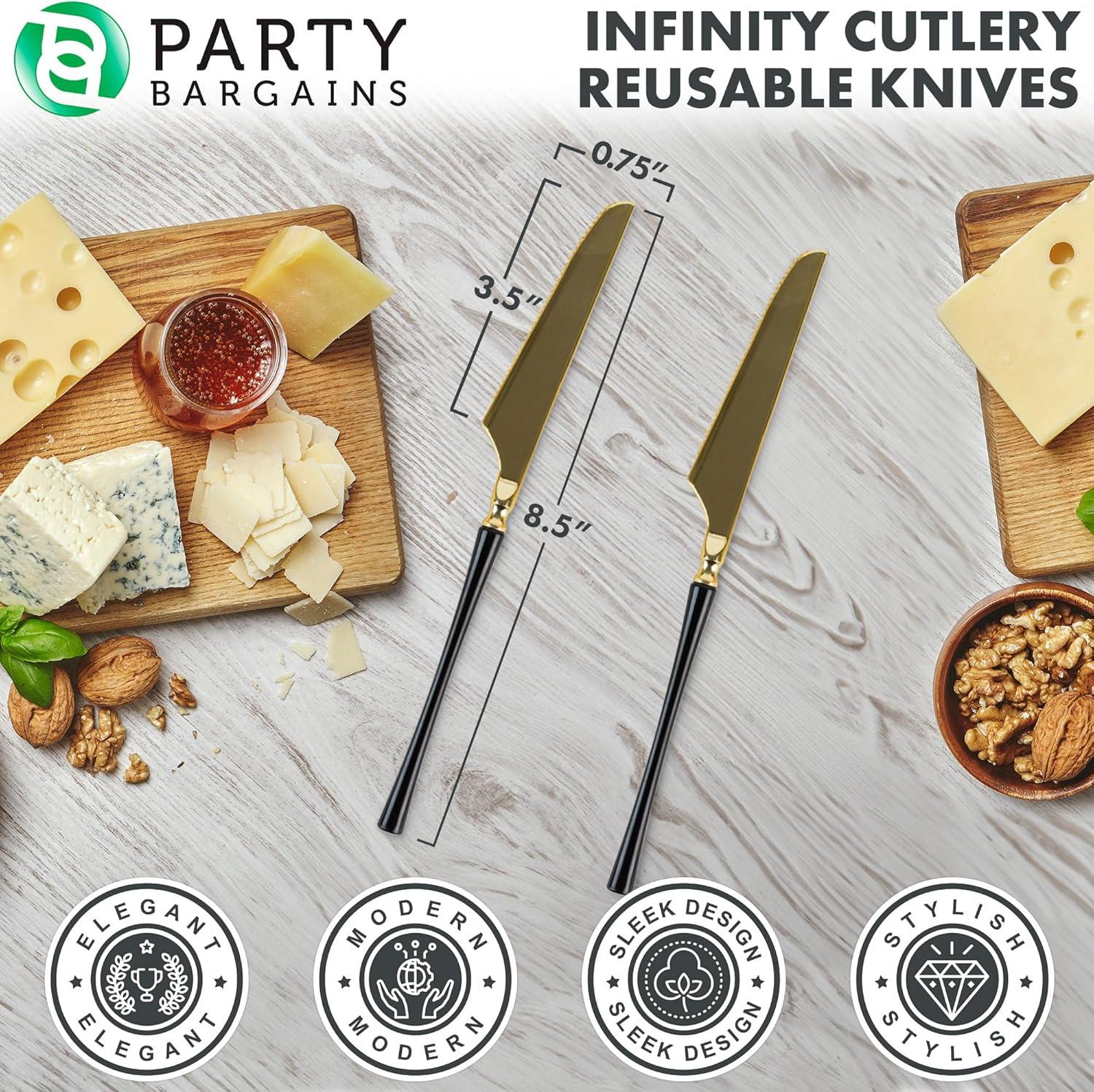 imageParty Bargains Disposable Plastic Silver Cutlery Set Infinity Modern Design Utensils 40 Pack 16 Forks 8 Knives 16 SpoonsGold Black