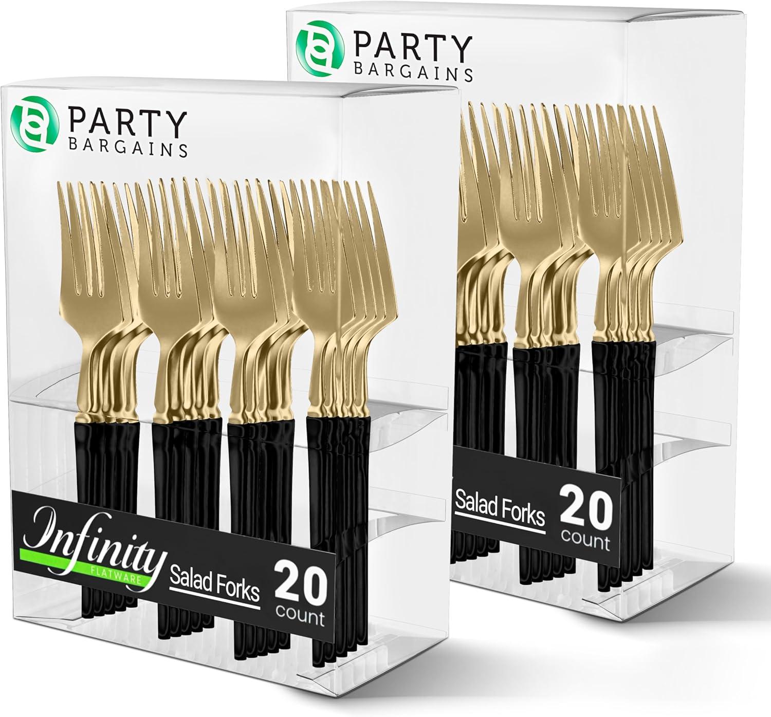 imageParty Bargains Disposable Plastic Silver Cutlery Set Infinity Modern Design Utensils 40 Pack 16 Forks 8 Knives 16 SpoonsGold Black