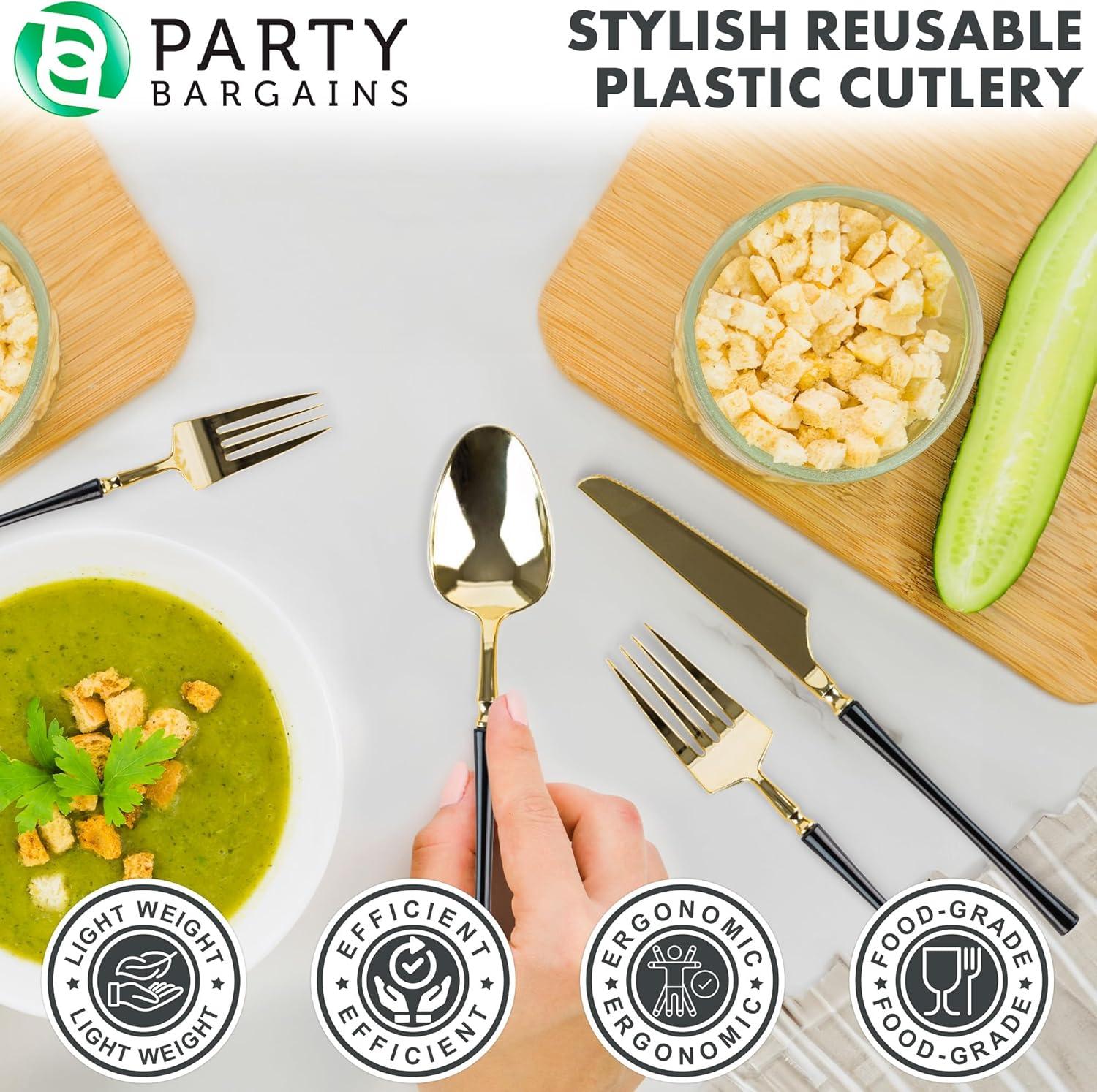 imageParty Bargains Disposable Plastic Silver Cutlery Set Infinity Modern Design Utensils 40 Pack 16 Forks 8 Knives 16 SpoonsGold Black