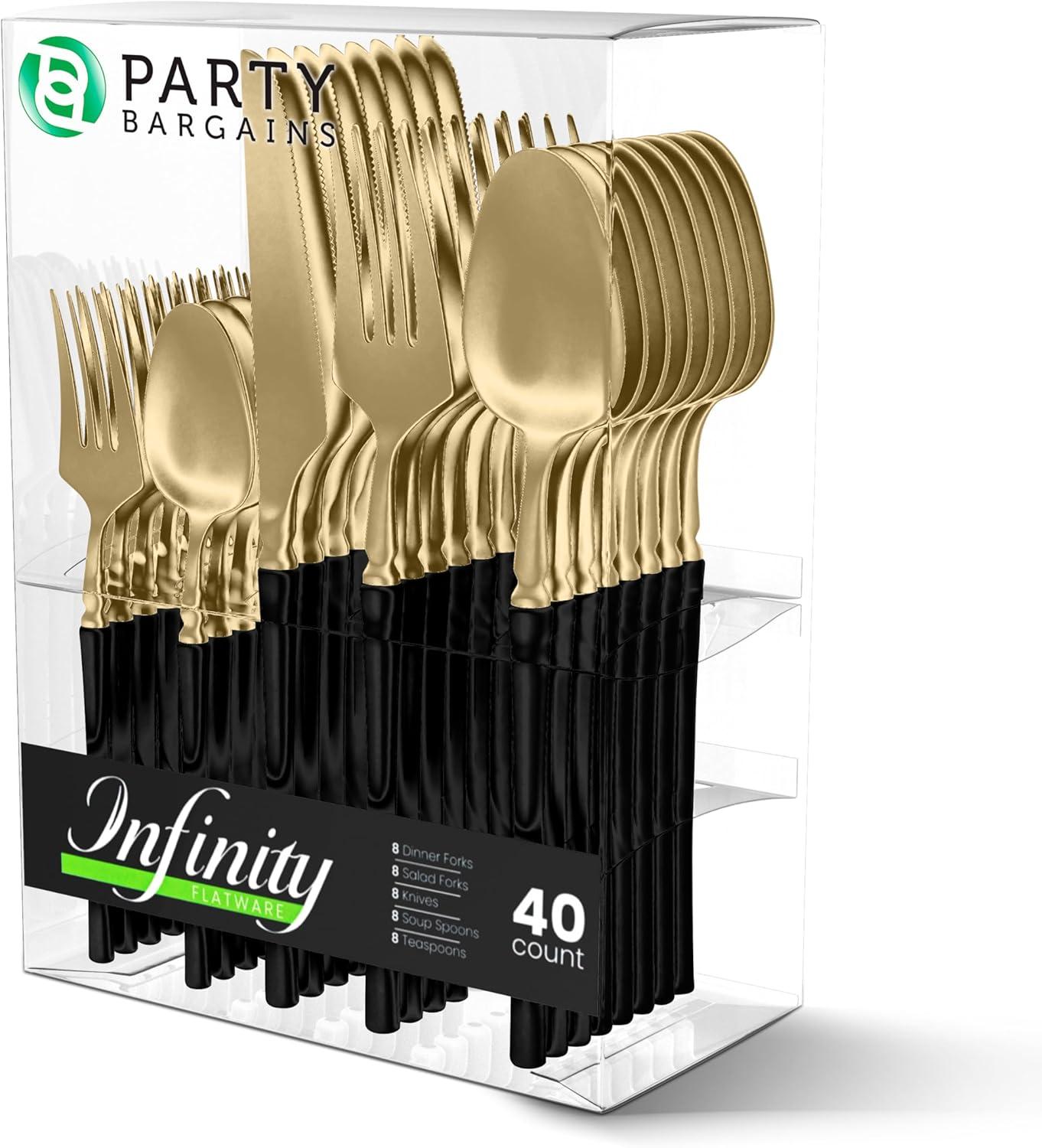 imageParty Bargains Disposable Plastic Silver Cutlery Set Infinity Modern Design Utensils 40 Pack 16 Forks 8 Knives 16 SpoonsGold Black