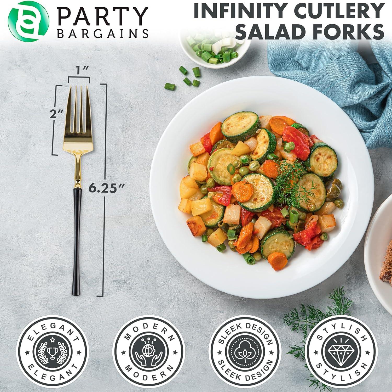 imageParty Bargains Disposable Plastic Silver Cutlery Set Infinity Modern Design Utensils 40 Pack 16 Forks 8 Knives 16 SpoonsGold Black