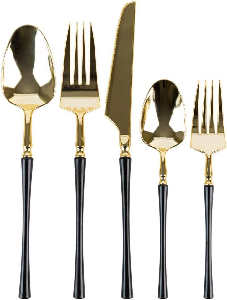 imageParty Bargains Disposable Plastic Silver Cutlery Set Infinity Modern Design Utensils 40 Pack 16 Forks 8 Knives 16 SpoonsGold Black
