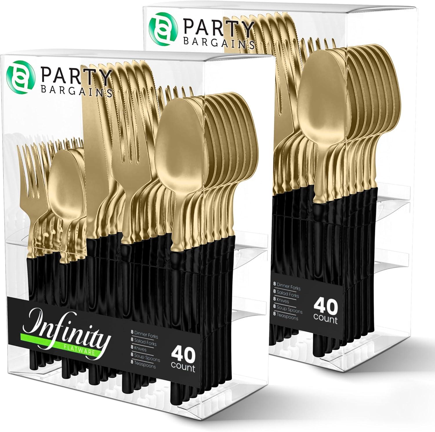 imageParty Bargains Disposable Plastic Silver Cutlery Set Infinity Modern Design Utensils 40 Pack 16 Forks 8 Knives 16 SpoonsGold Black