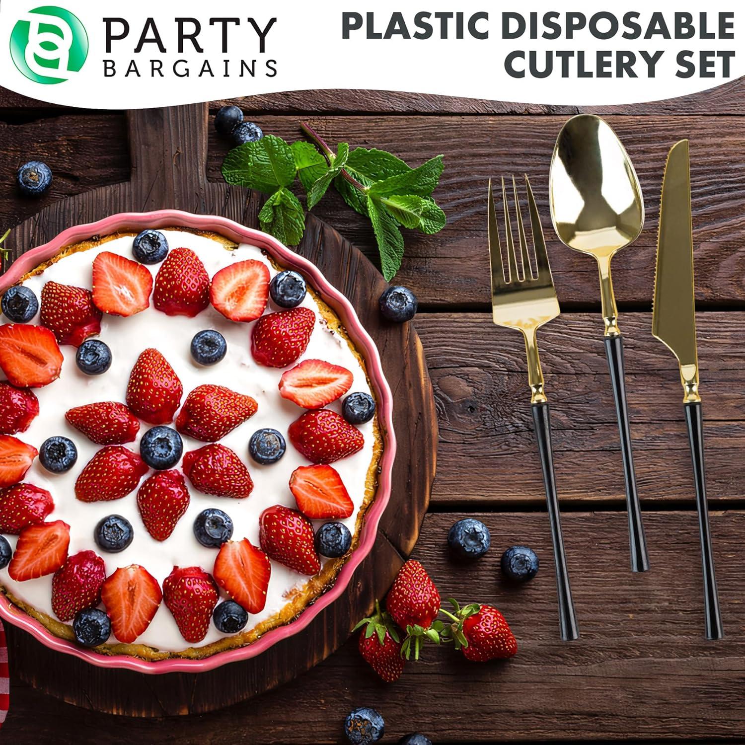 imageParty Bargains Disposable Plastic Silver Cutlery Set Infinity Modern Design Utensils 40 Pack 16 Forks 8 Knives 16 SpoonsGold Black