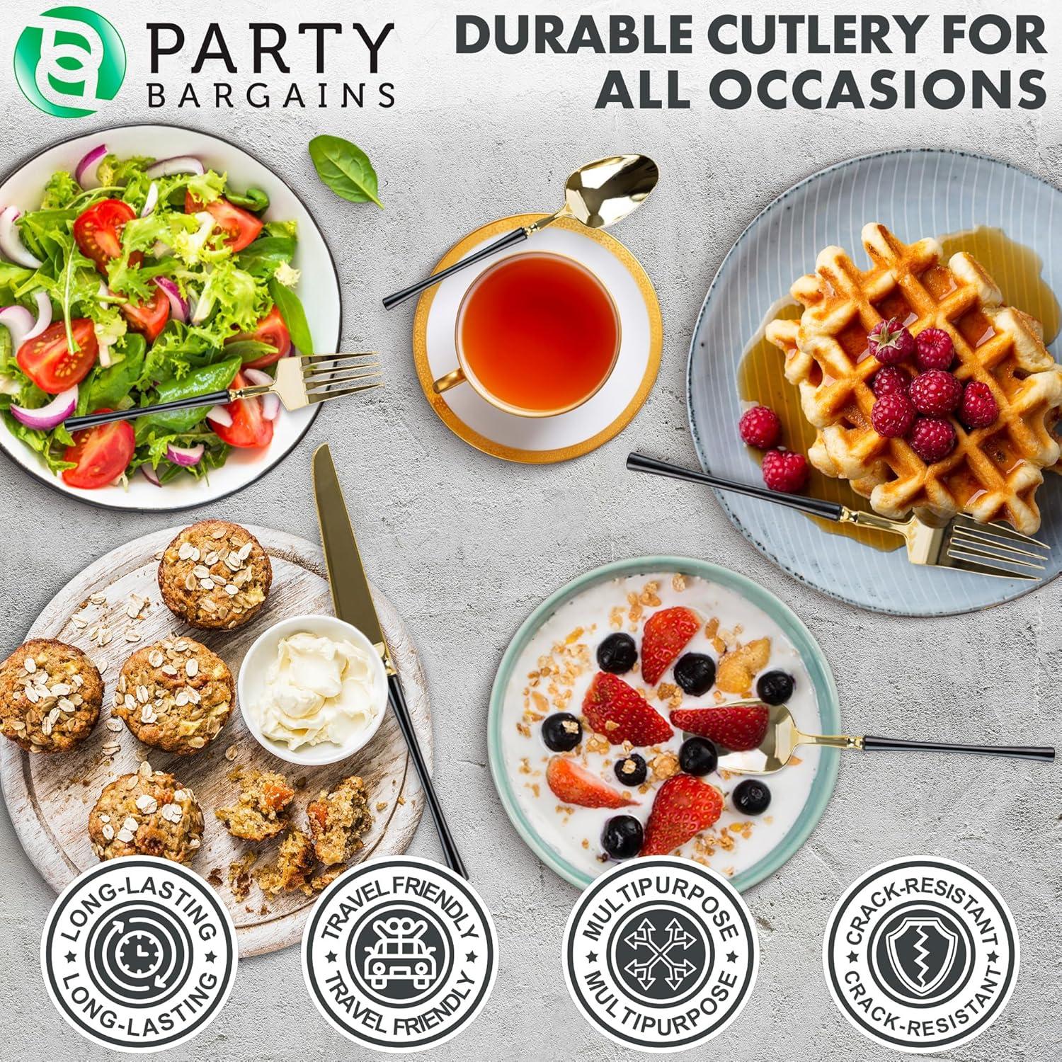imageParty Bargains Disposable Plastic Silver Cutlery Set Infinity Modern Design Utensils 40 Pack 16 Forks 8 Knives 16 SpoonsGold Black