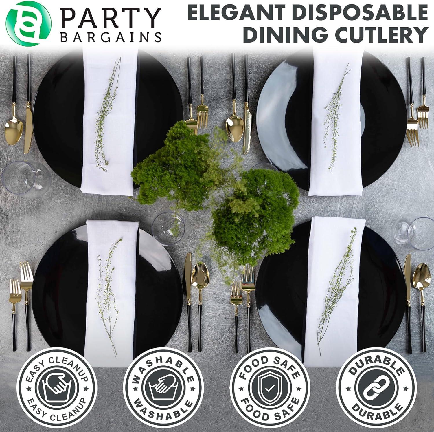 imageParty Bargains Disposable Plastic Silver Cutlery Set Infinity Modern Design Utensils 40 Pack 16 Forks 8 Knives 16 SpoonsGold Black