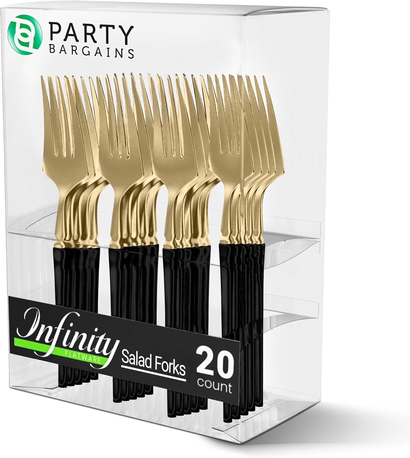 imageParty Bargains Disposable Plastic Silver Cutlery Set Infinity Modern Design Utensils 40 Pack 16 Forks 8 Knives 16 SpoonsGold Black