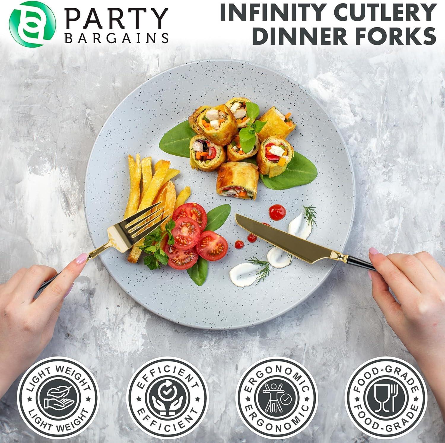 imageParty Bargains Disposable Plastic Silver Cutlery Set Infinity Modern Design Utensils 40 Pack 16 Forks 8 Knives 16 SpoonsGold Black