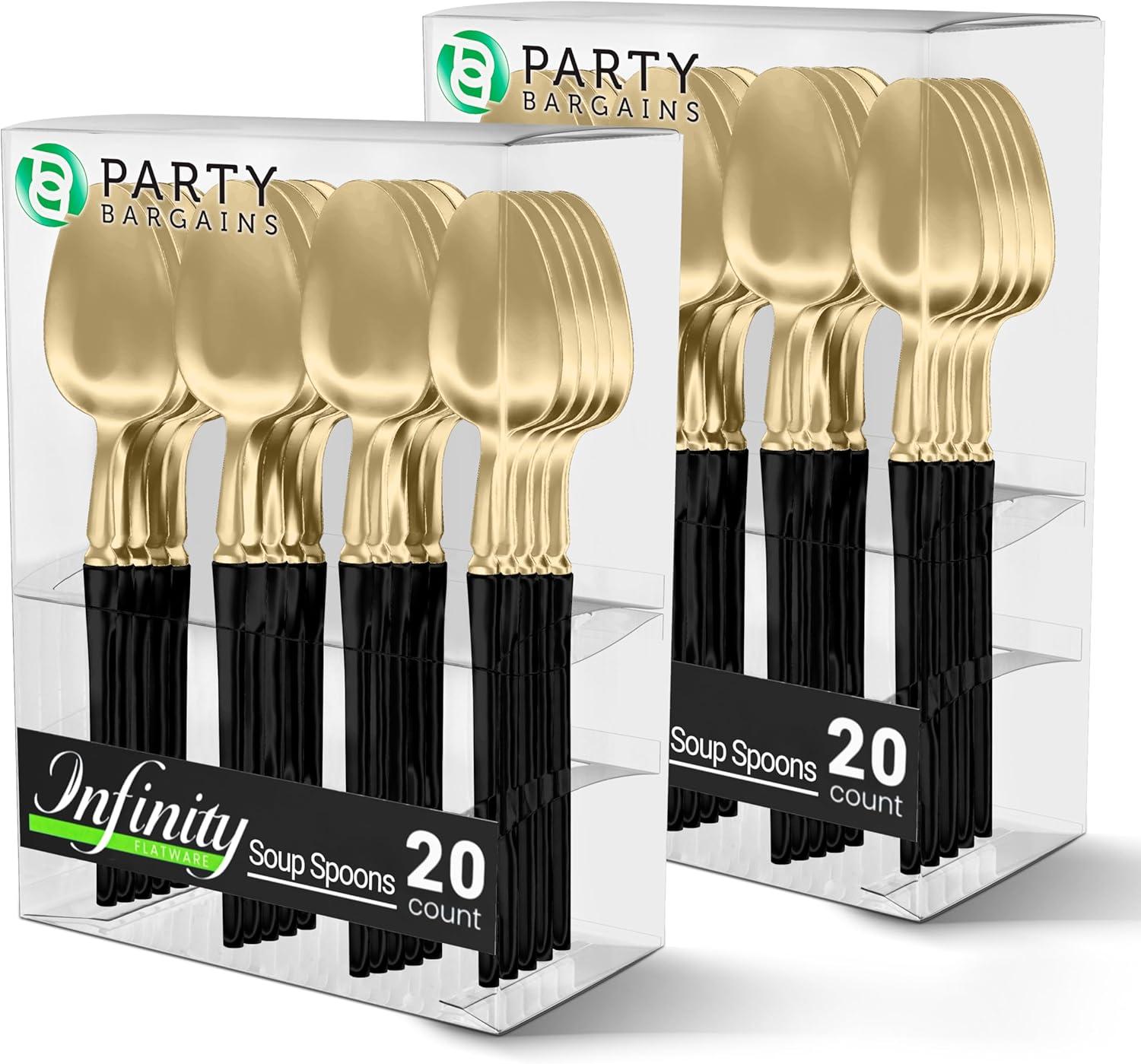 imageParty Bargains Disposable Plastic Silver Cutlery Set Infinity Modern Design Utensils 40 Pack 16 Forks 8 Knives 16 SpoonsGold Black