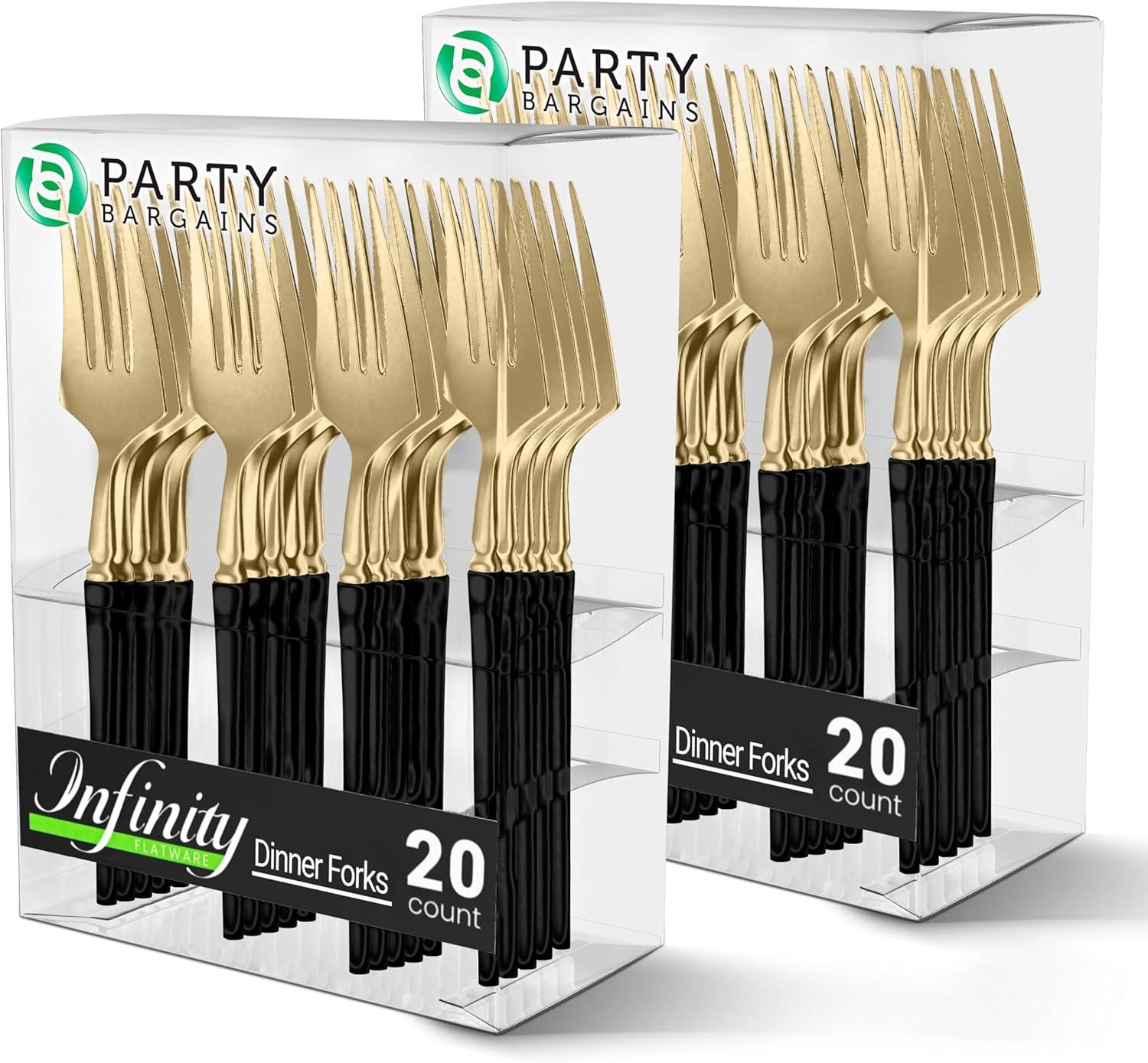 imageParty Bargains Disposable Plastic Silver Cutlery Set Infinity Modern Design Utensils 40 Pack 16 Forks 8 Knives 16 SpoonsGold Black