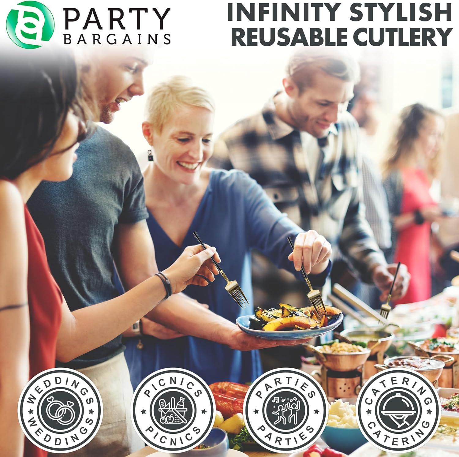 imageParty Bargains Disposable Plastic Silver Cutlery Set Infinity Modern Design Utensils 40 Pack 16 Forks 8 Knives 16 SpoonsGold Black