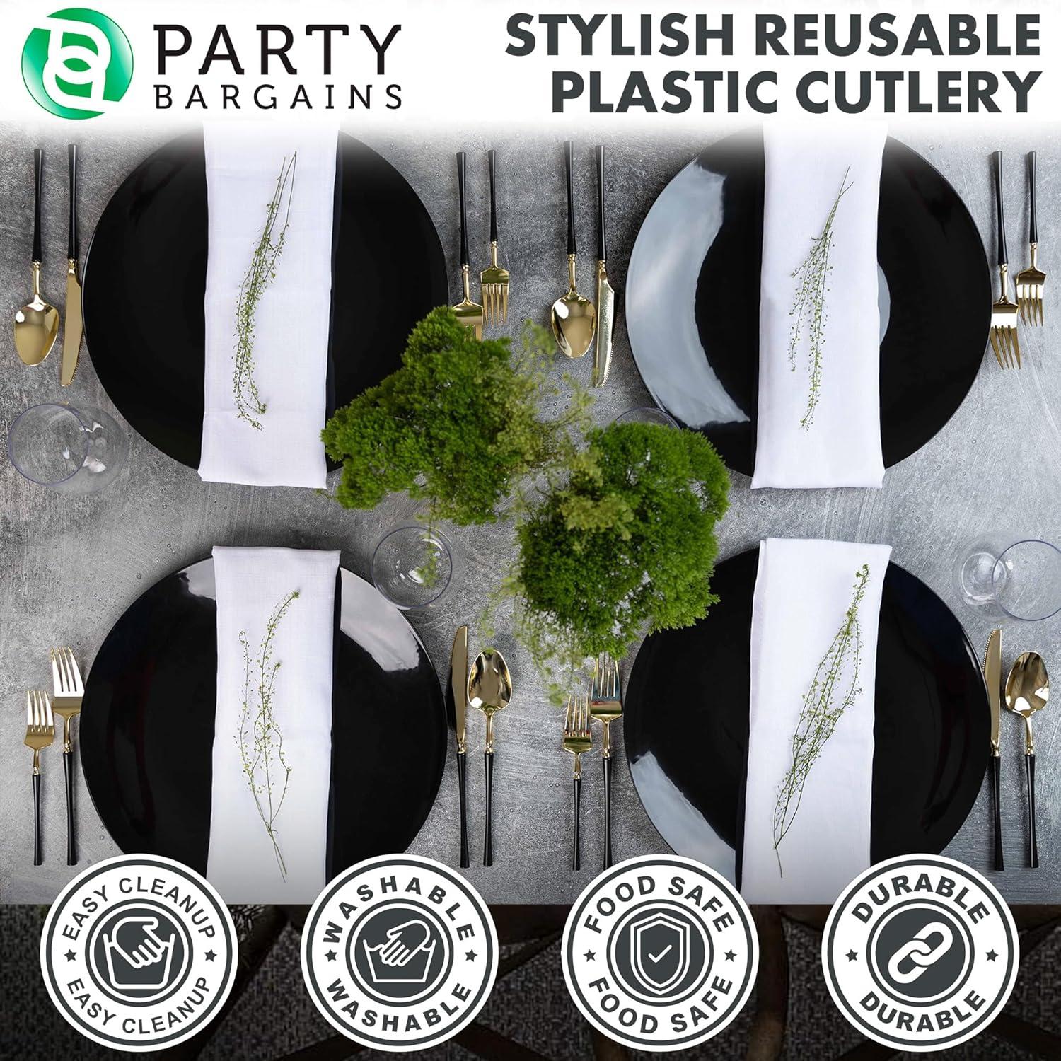 imageParty Bargains Disposable Plastic Silver Cutlery Set Infinity Modern Design Utensils 40 Pack 16 Forks 8 Knives 16 SpoonsGold Black