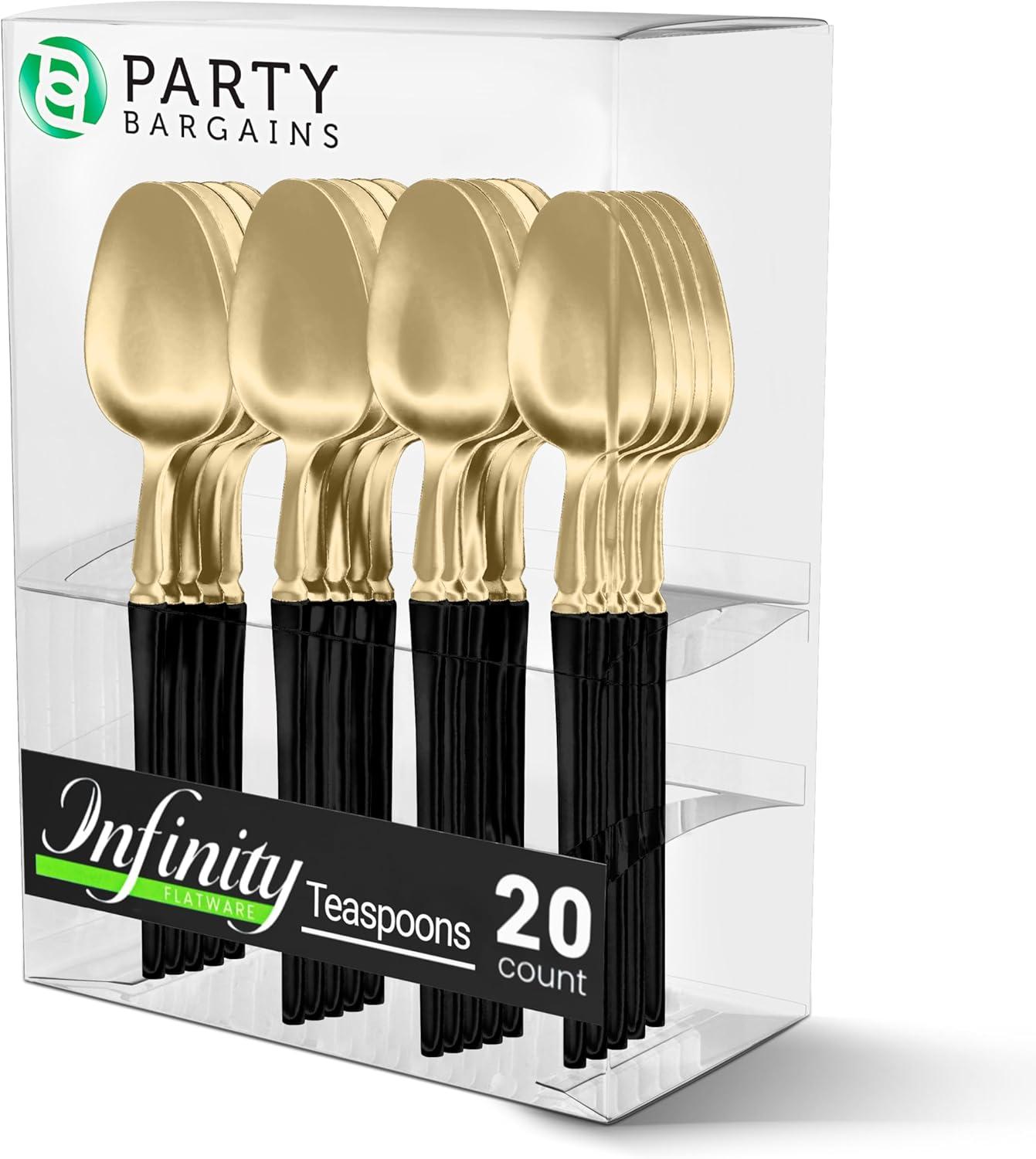 imageParty Bargains Disposable Plastic Silver Cutlery Set Infinity Modern Design Utensils 40 Pack 16 Forks 8 Knives 16 SpoonsGold Black