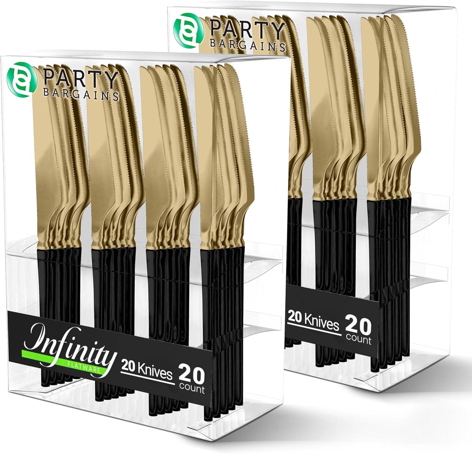 imageParty Bargains Disposable Plastic Silver Cutlery Set Infinity Modern Design Utensils 40 Pack 16 Forks 8 Knives 16 SpoonsGold Black